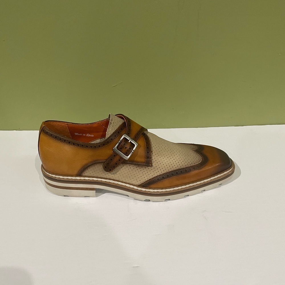 Mezlan shoes wing tip monk strap leather calf camel/bone 8 - Picture 2 of 6